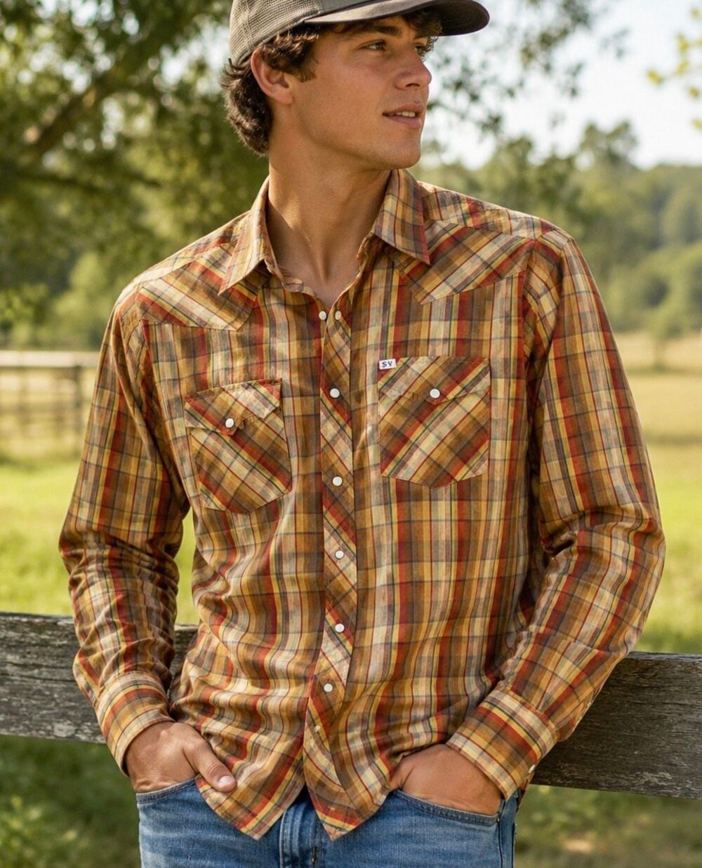 Salt Valley Western Pearl Snap Plaid Shirt Men’s M 100% Cotton Cowboy Rodeo
